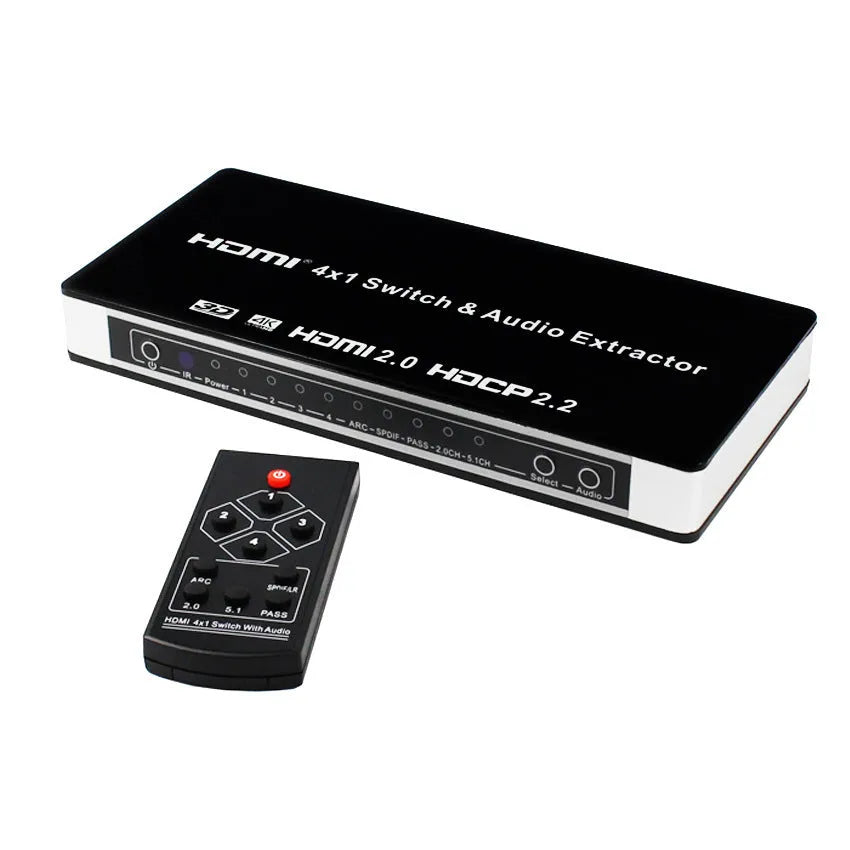 Black HDMI switch unit with four input ports, one output port, remote control, and power adapter.