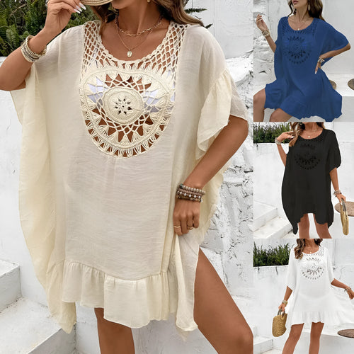 Crochet stitch detail on a patchwork skirt beach dress swimsuit cover-up.