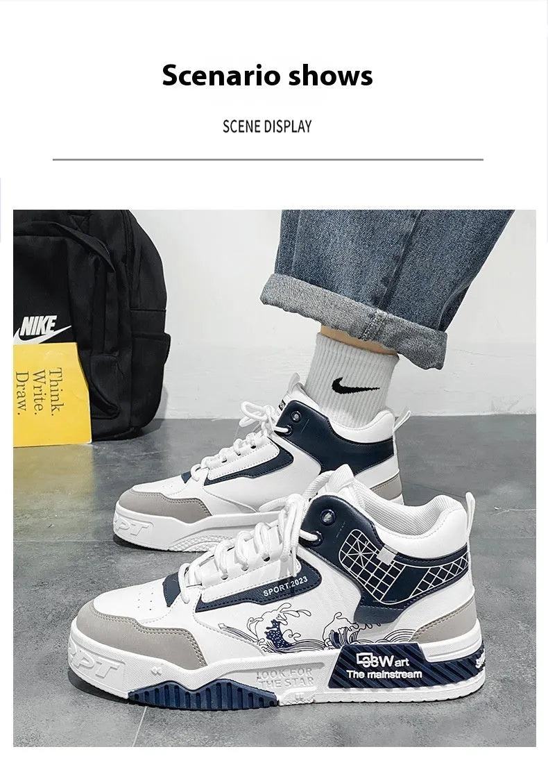 Men's beige, white, and blue high-top board shoes with flat rubber soles and lace-up front