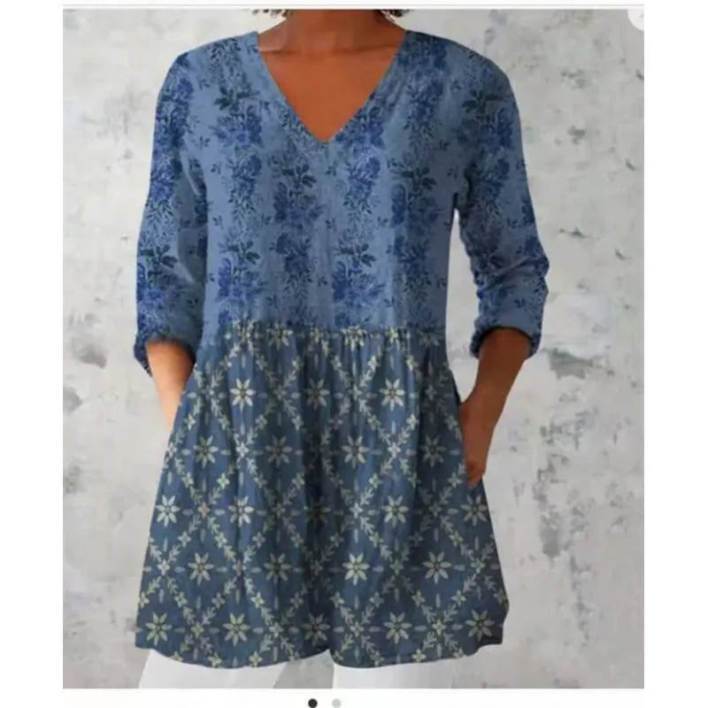 Women's printed wave loose dress with colourful floral pattern and wide waist design