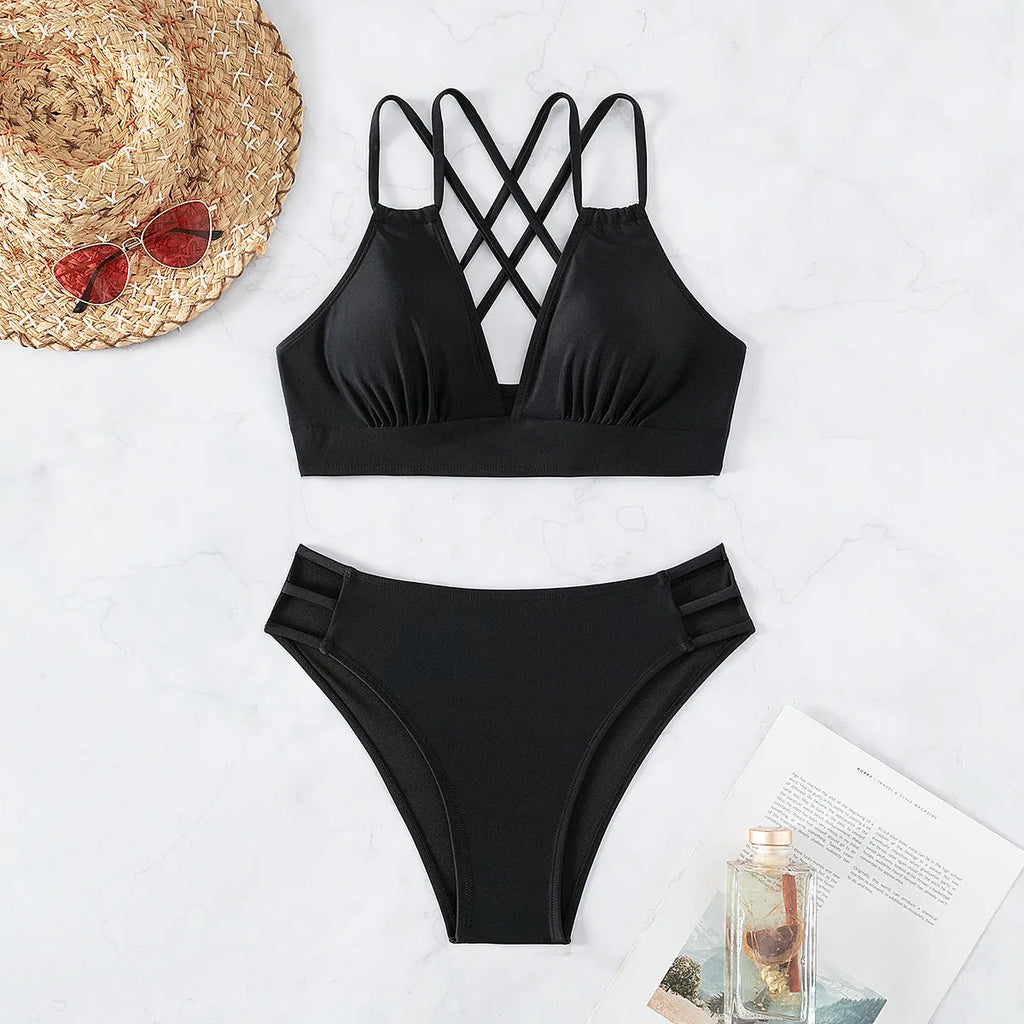 Women's v-neck halter bikini swimsuit with split shorts in nylon fabric