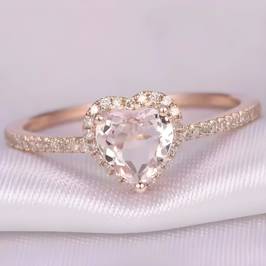 Heart-shaped crystal wedding ring with electroplated rose gold or silver finish on white copper