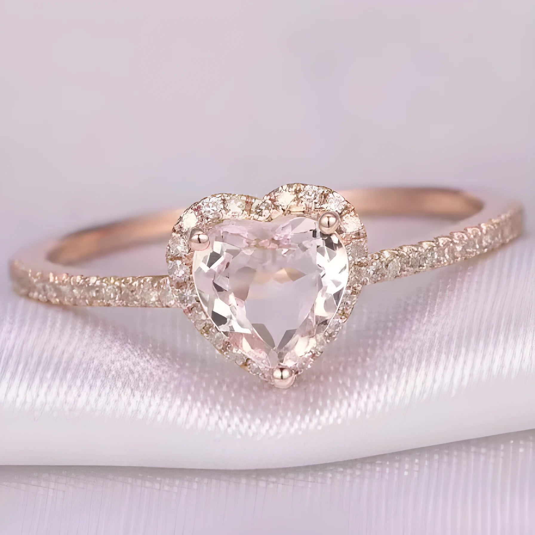 Heart-shaped crystal wedding ring with electroplated rose gold or silver finish on white copper