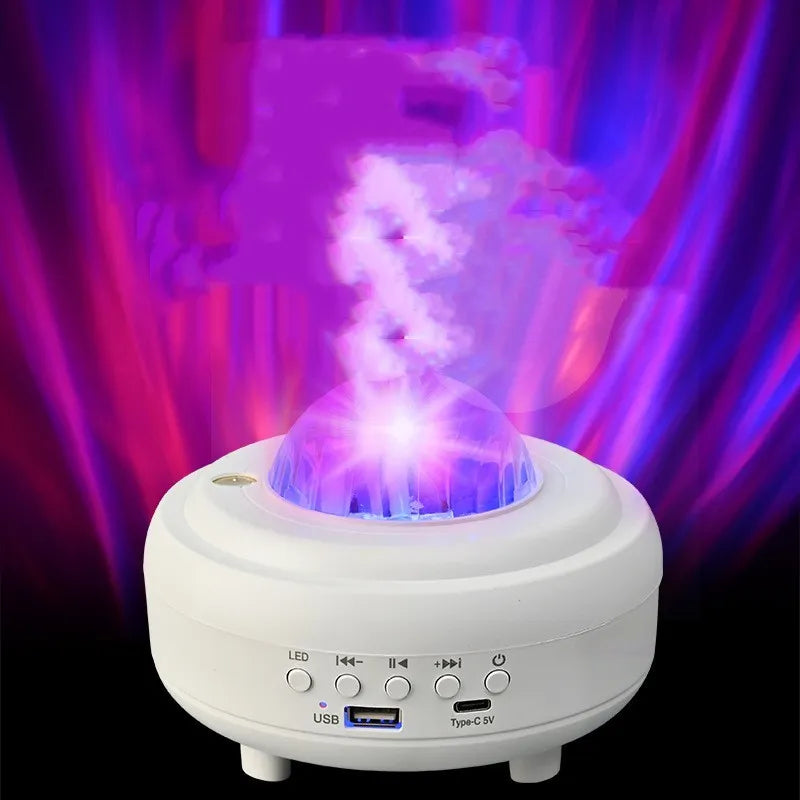 White Galaxy Star Projector night light with Bluetooth speaker on a table