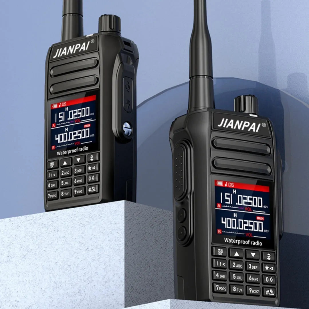 Black Interphone waterproof aviation full band two-way radio with dustproof plastic shell, antenna, battery, charger, and headset.