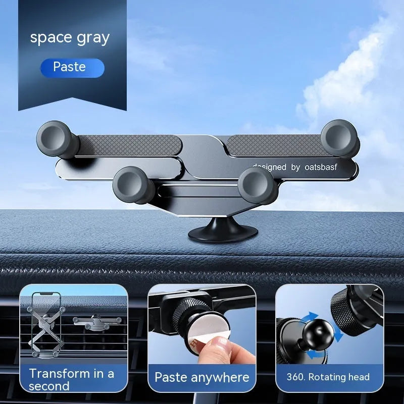 Aluminium alloy car mobile phone holder bracket showing snap-on mounting mechanism for air vent or surface installation