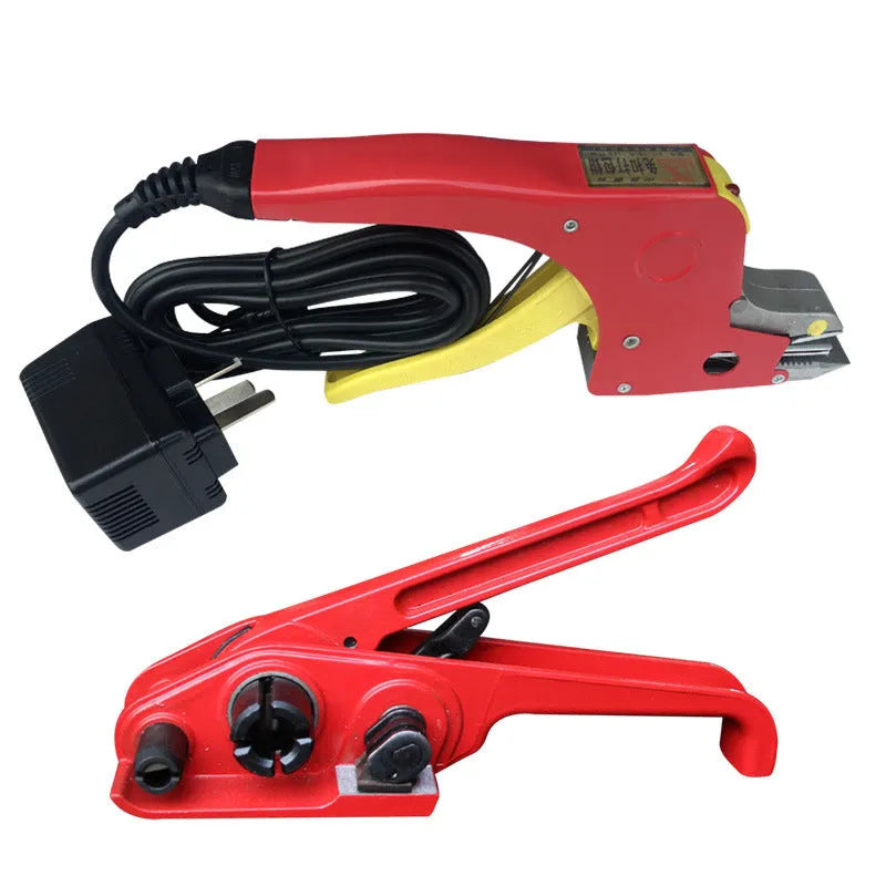 Electric hot melt packing machine with plastic steel tensioner and yellow packaging tape on a work surface.
