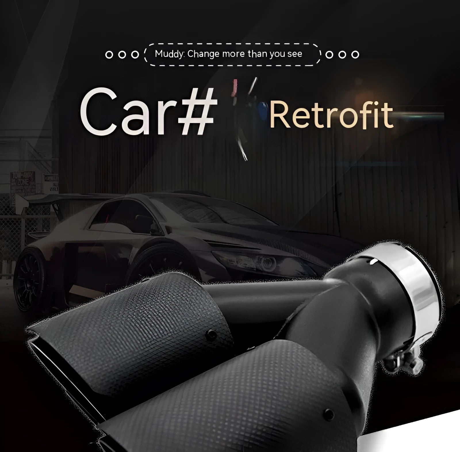 Black carbon fibre car exhaust pipe with double outlet silencer and 250mm tail nozzle
