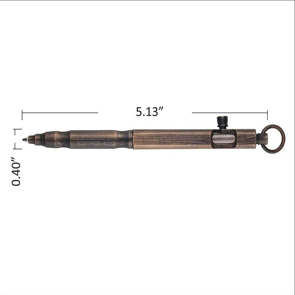 Brass machine gun tactical pen with hexagonal bolt design measuring 13cm in length