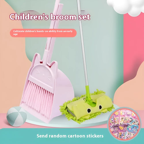 Purple rotating head broom and dustpan set with storage holder on a white background.