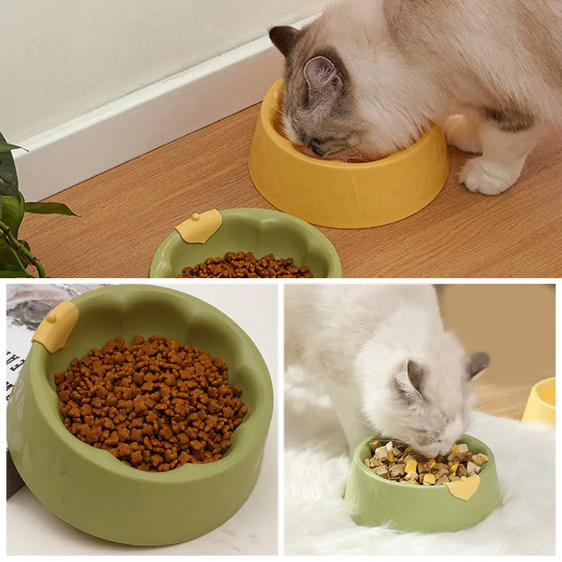 Green plastic pet bowl with dual compartments for food and water, anti-tipping design