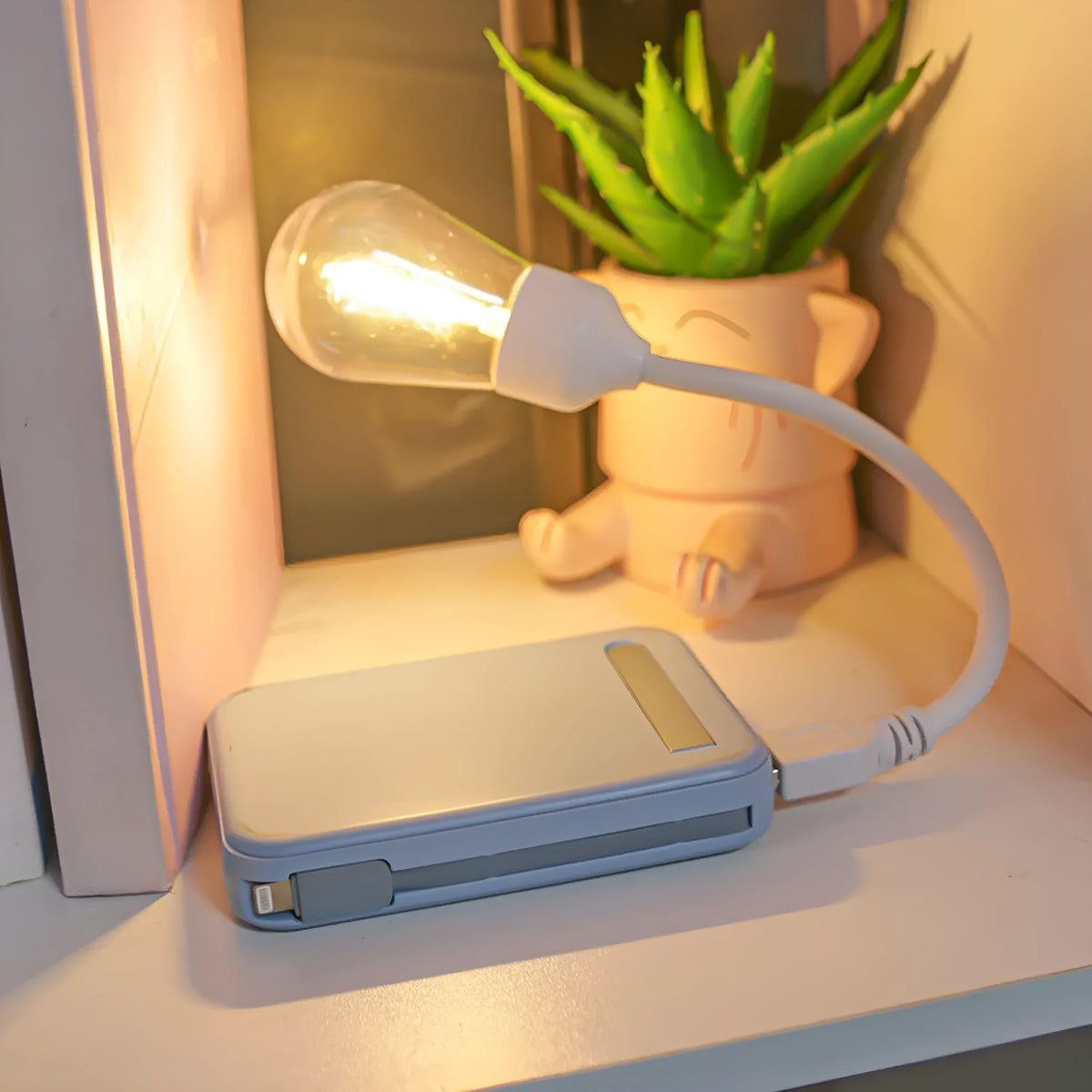 USB rechargeable folding tungsten night light with S14 bulb showing warm 2700K illumination