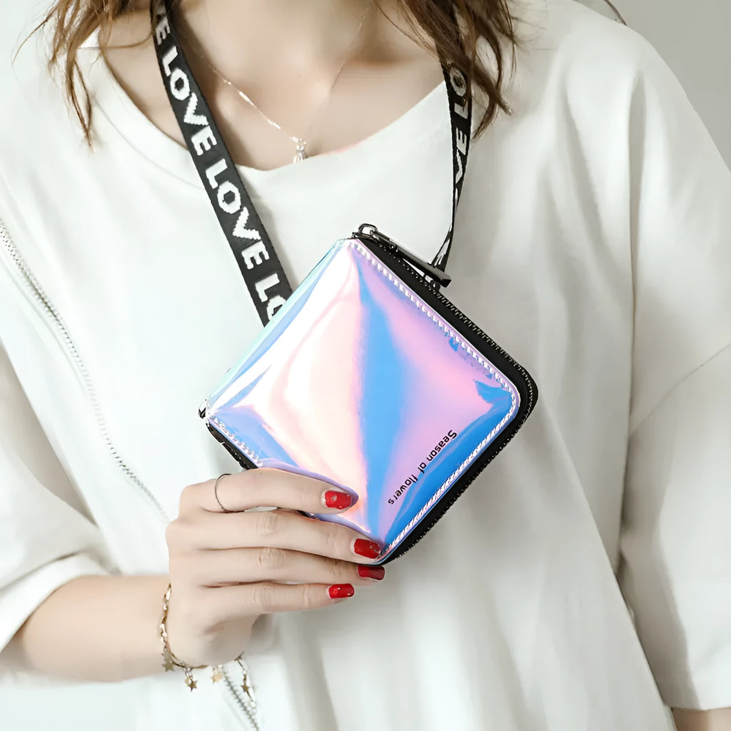 Short Korean-style folding wallet in PU leather showing three colour options