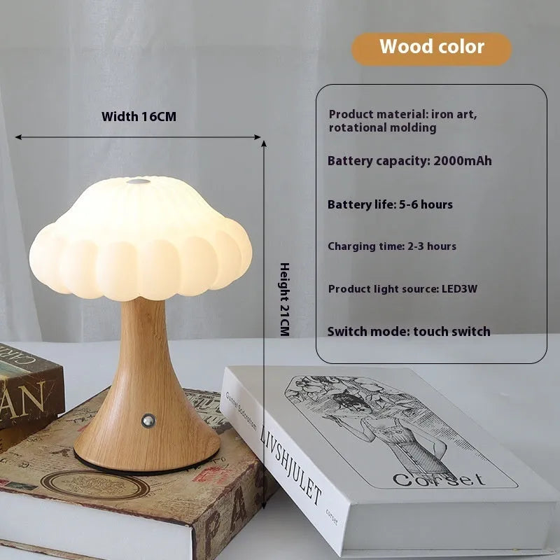 Mushroom shaped touch control rechargeable LED lamp in wood grain colour on table
