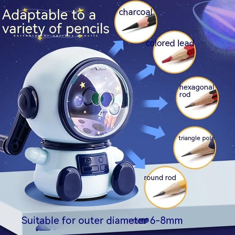 Blue astronaut manual pencil sharpener with adjustable three-level mechanism for standard 2mm pencils