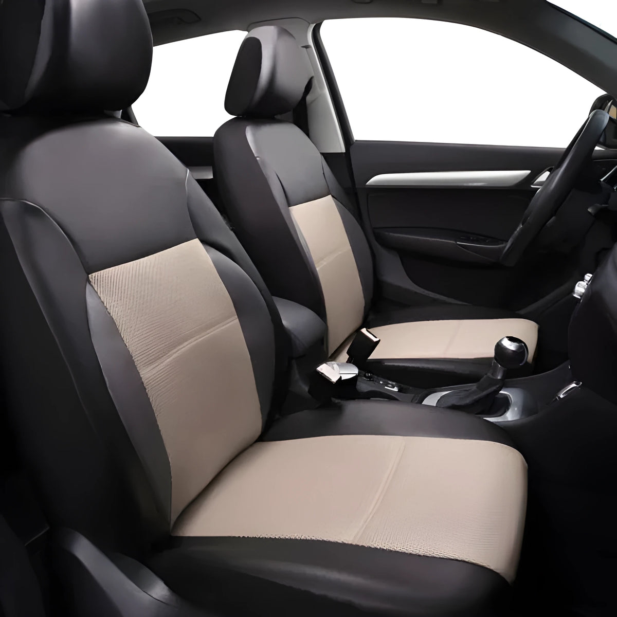 Artificial leather car seat cover set in a choice of colours showing front seat and headrest covers with installation hooks.