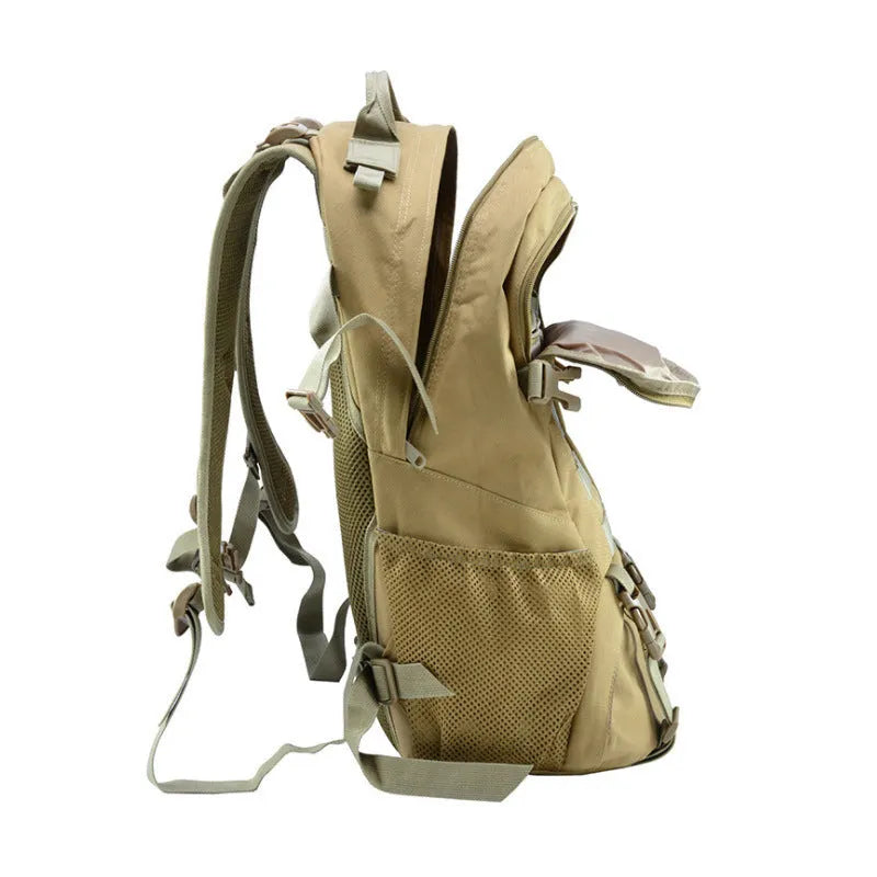 Outdoor mountaineering backpack in Oxford cloth with air pillow belt, shown in camouflage colour.
