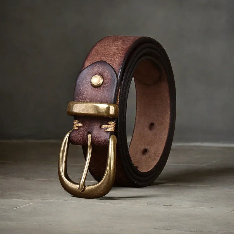 Men's first layer cowhide leather belt with copper pin buckle in black brown and khaki colors
