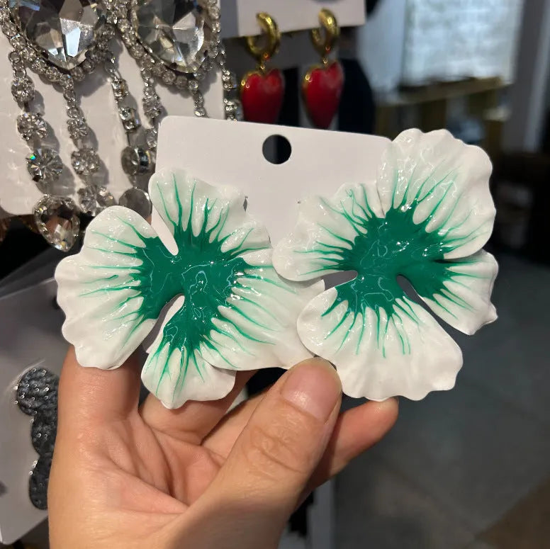 Alloy flower stud earrings with oil-spot glaze finish in blue, green, purple and rose colour options