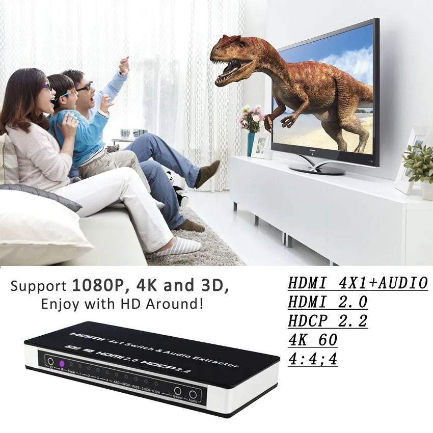Black HDMI switch unit with four input ports, one output port, remote control, and power adapter.