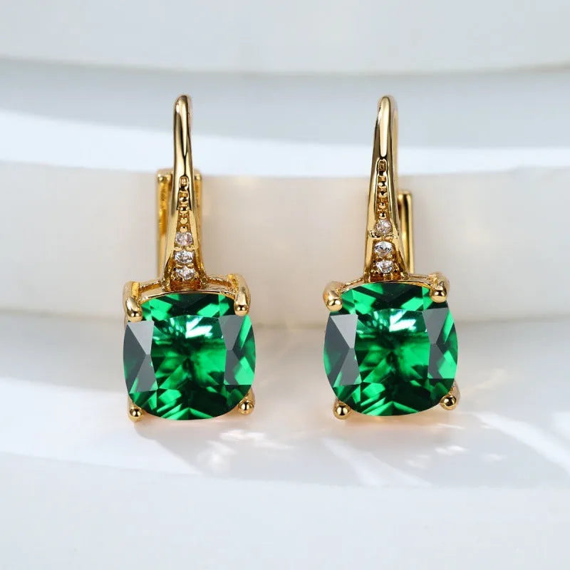 Square geometric copper ear clip with colourful moissanite inlays and electroplated gold finish