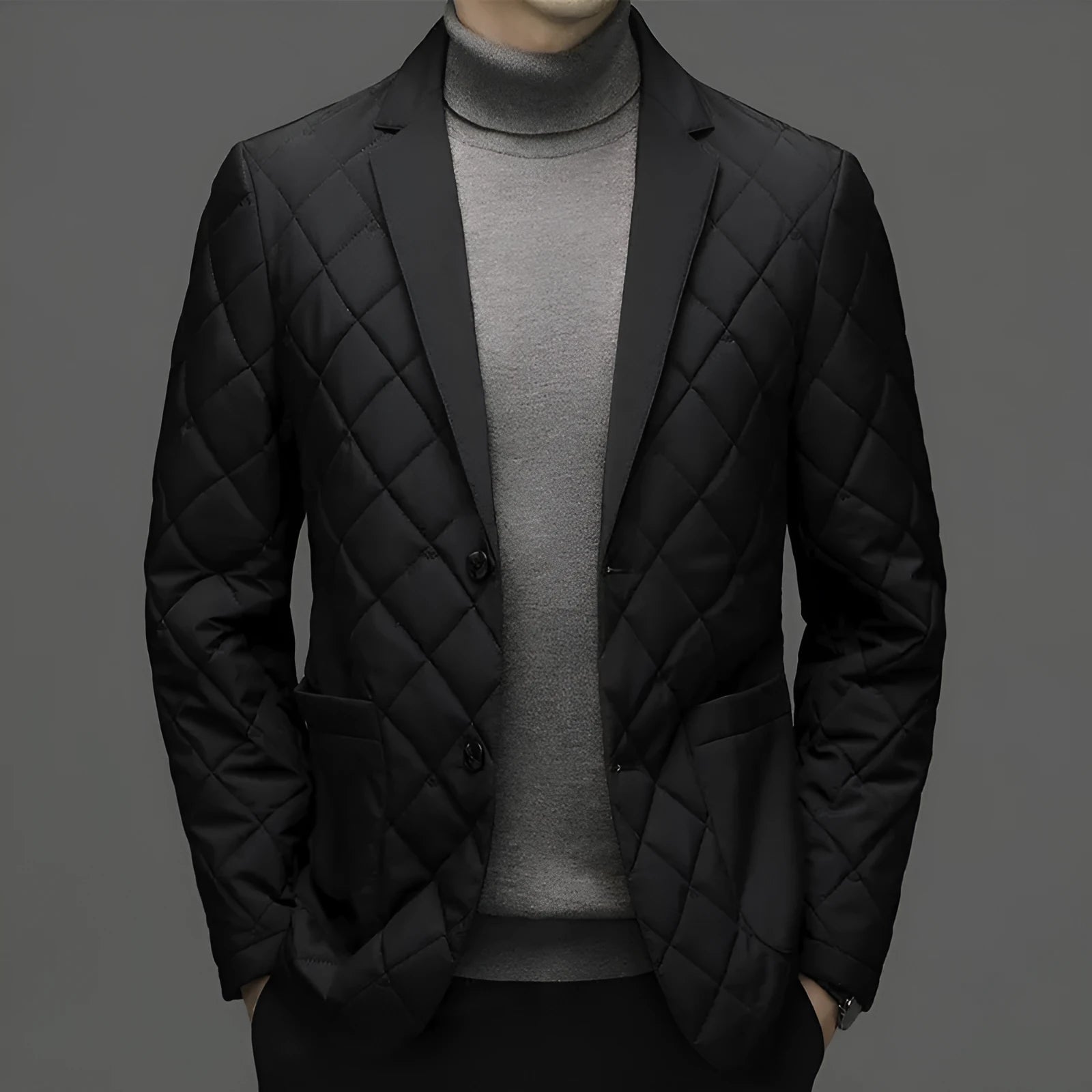 Men's black winter down jacket with lapel collar and side seam pockets