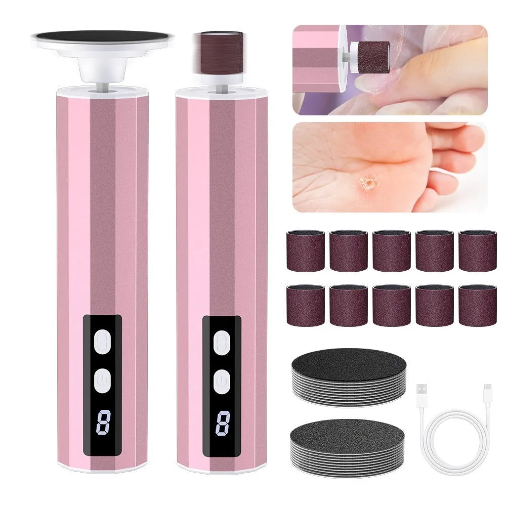 USB-powered electric callus remover foot file with sanding discs in pink, black, or purple.