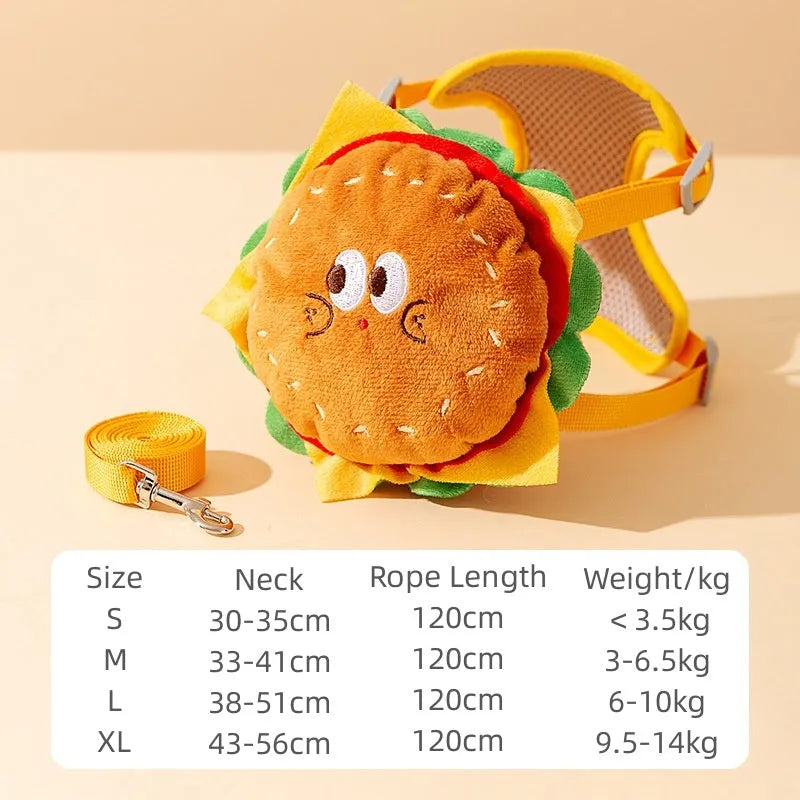Cartoon hamburger chips design adjustable vest leash for cats and dogs with escape-proof construction