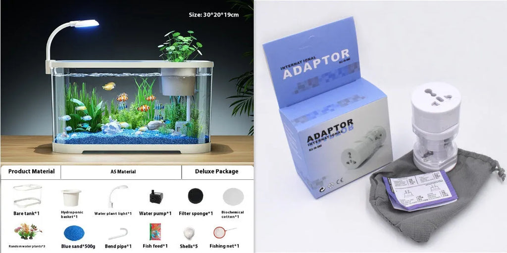 Desktop ecological fish tank in luxury black with integrated landscape filter and oxygenator.