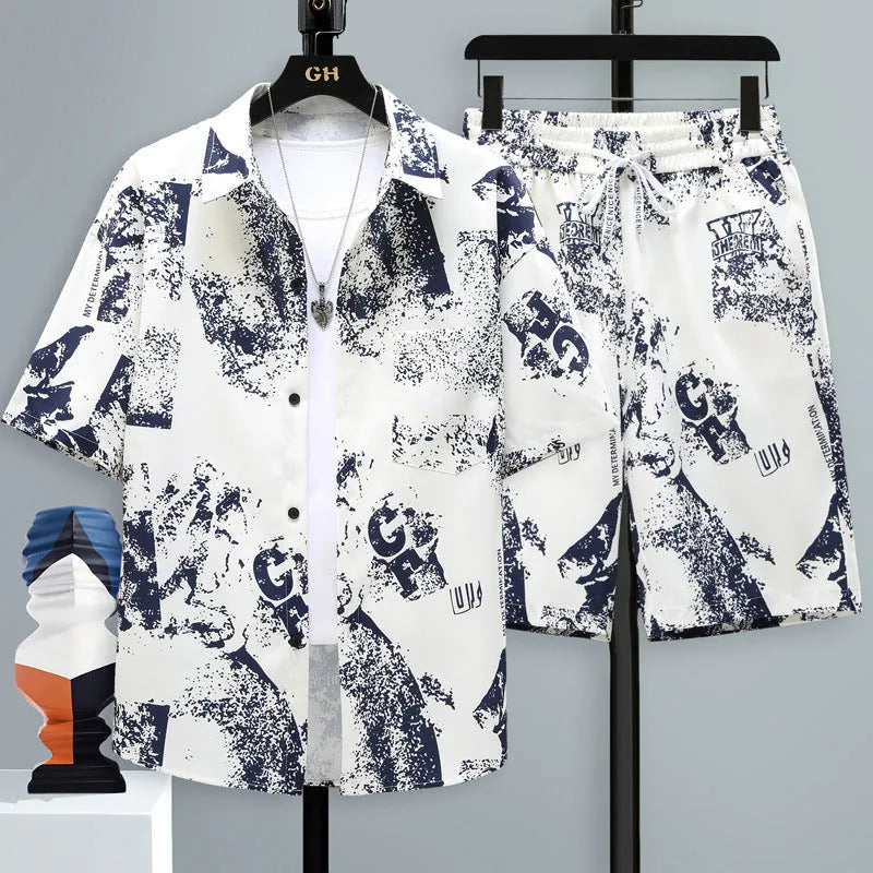 Men's casual sports two-piece set featuring a short sleeve top and matching shorts in a colour swatch.