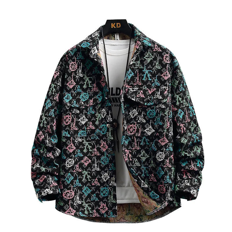 Men's casual lapel shirt coat jacket in polyester fabric with straight hem design.