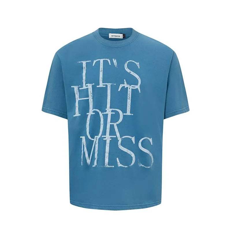Men's blue American retro letter print loose t-shirt on a hanger.