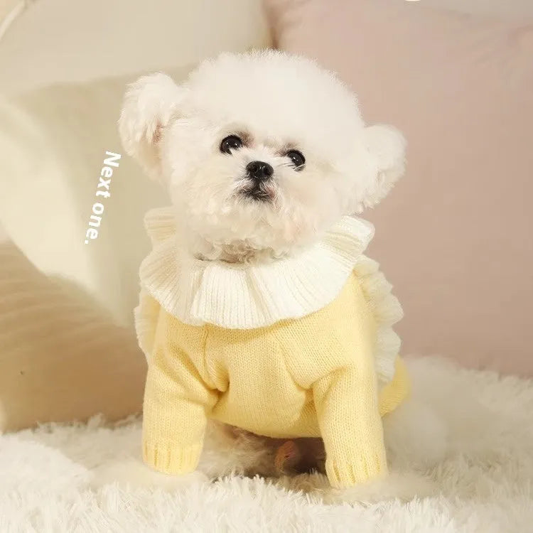 Autumn acrylic puppy sweater in yellow XINGX design with size chart showing measurements
