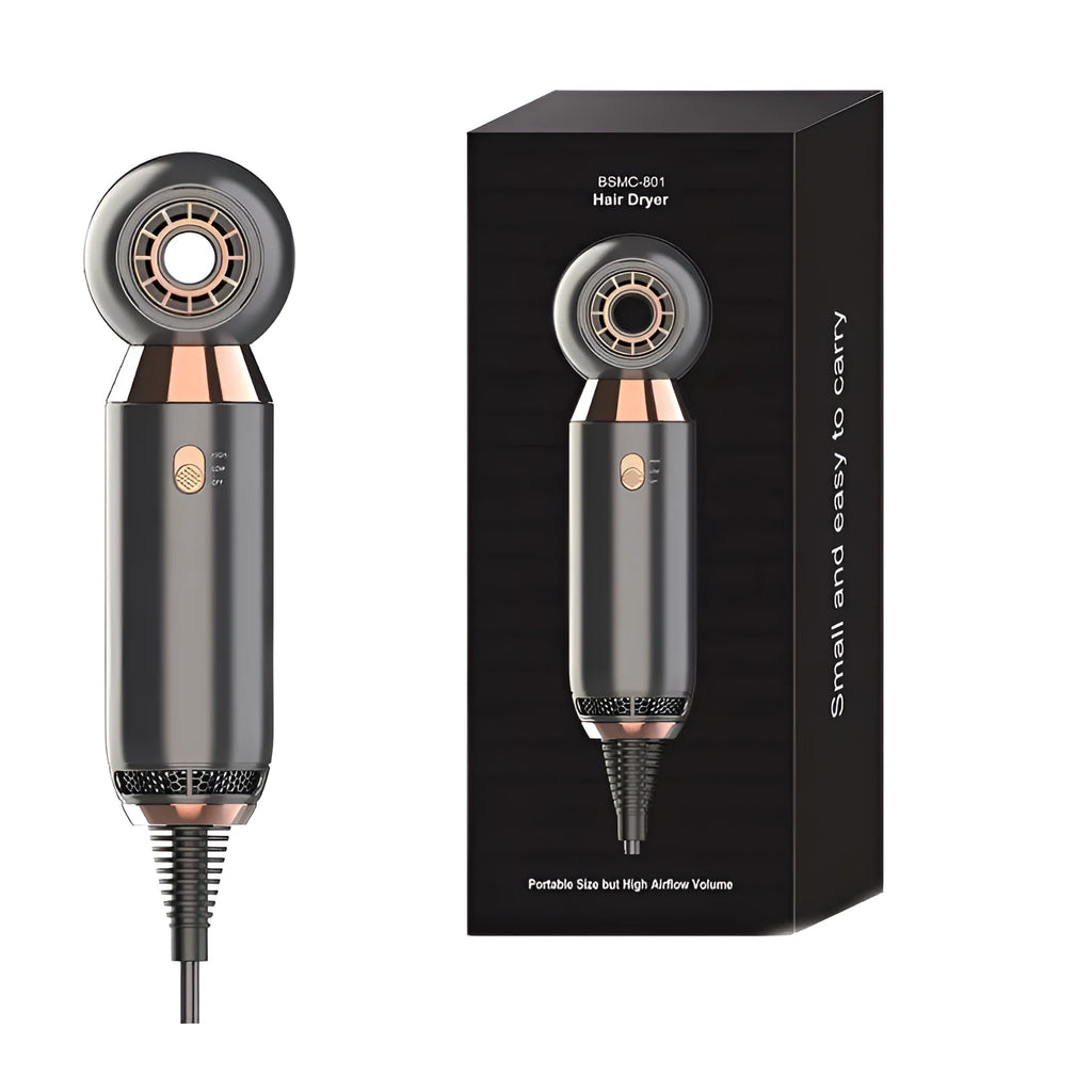 Compact 800W ionic hair dryer with diffuser accessory, measuring 20cm in length
