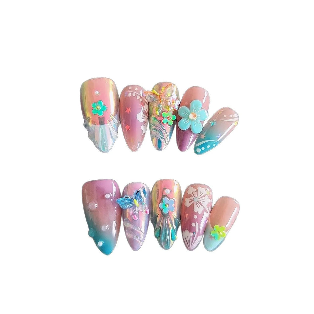 Handmade sculpture manicure set with colourful embossed flower and butterfly patterns on almond shaped nails