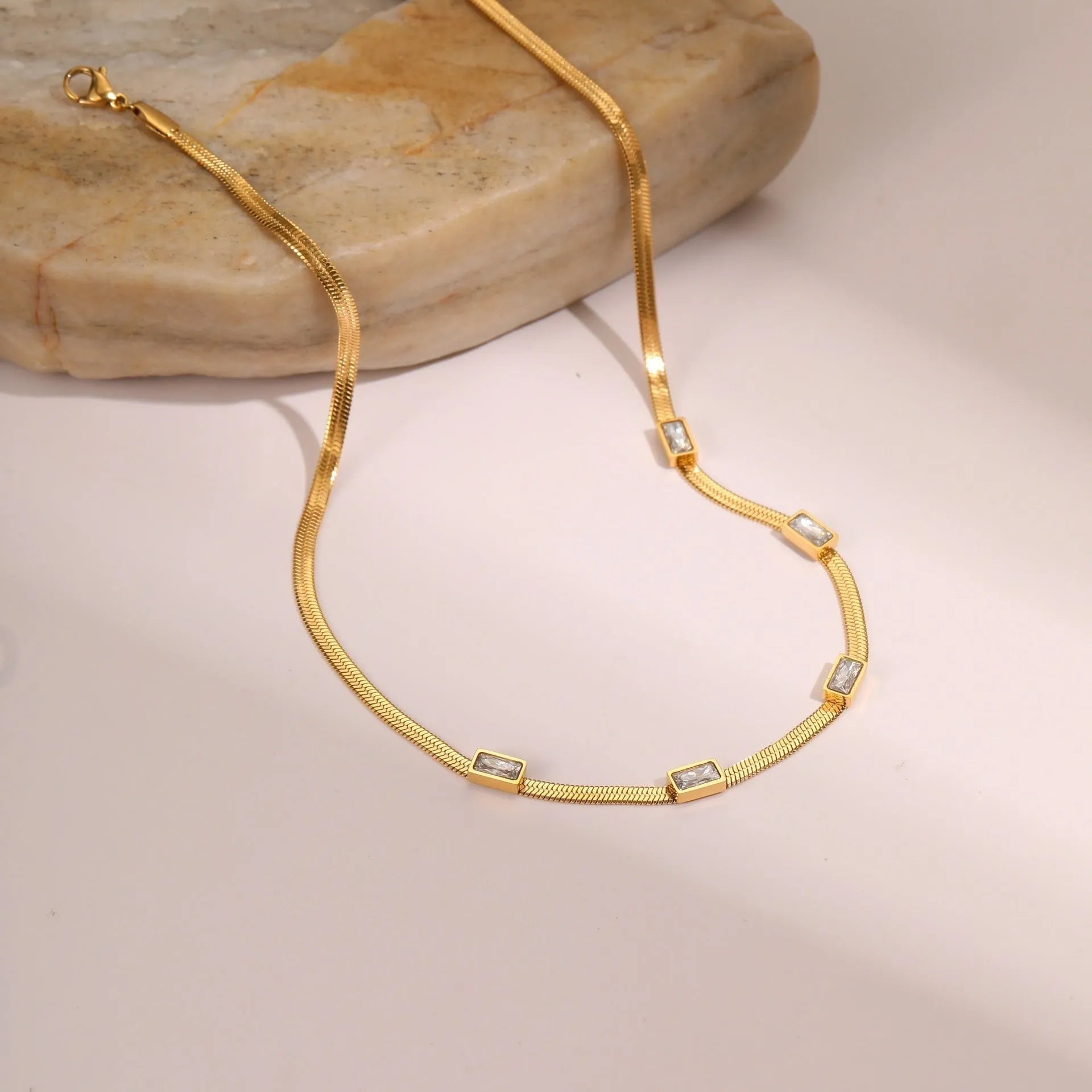 RETRO geometric square zircon pendant necklace on a stainless steel flat snake chain in gold or steel colour.