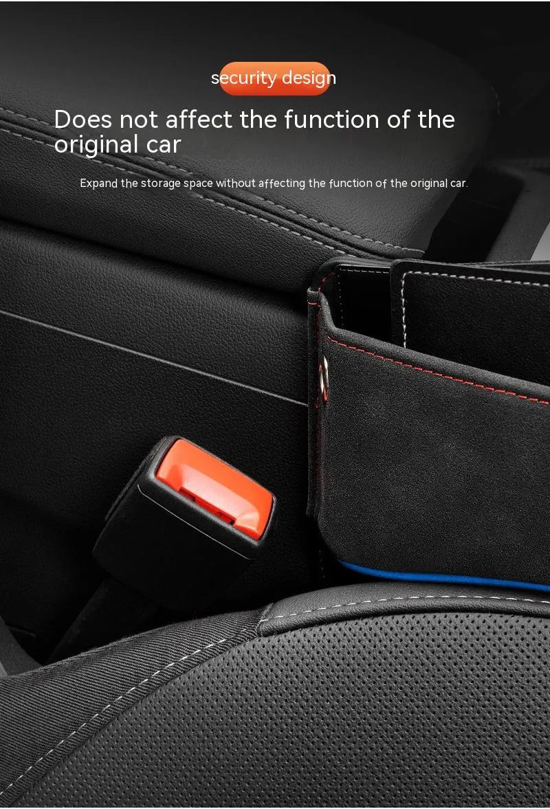 Leather car seat storage box in beige suede colour, shown on a car passenger seat.