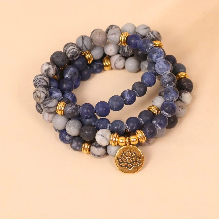 Blue patterned network stone beads on multi-layer alloy bracelet with natural fresh sweet style