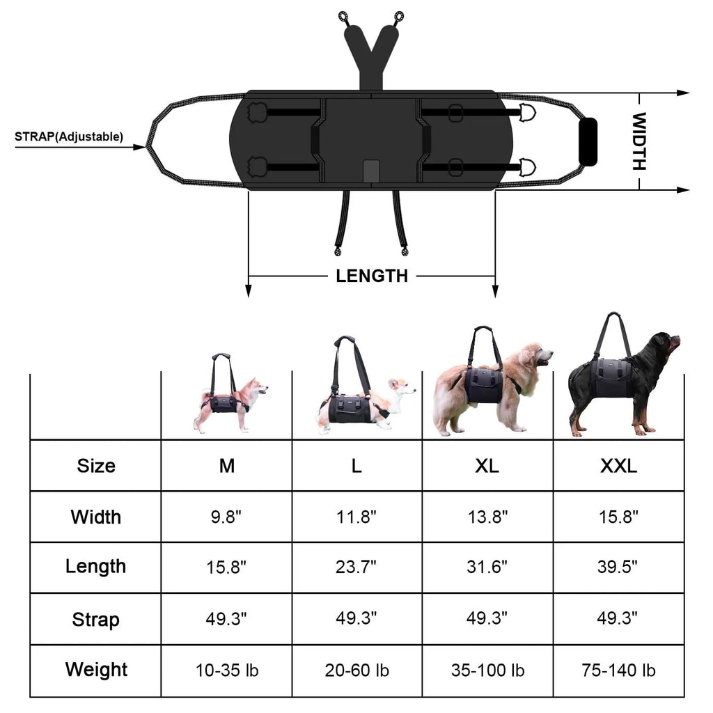 Black Oxford cloth dog harness with breast strap and leg support features