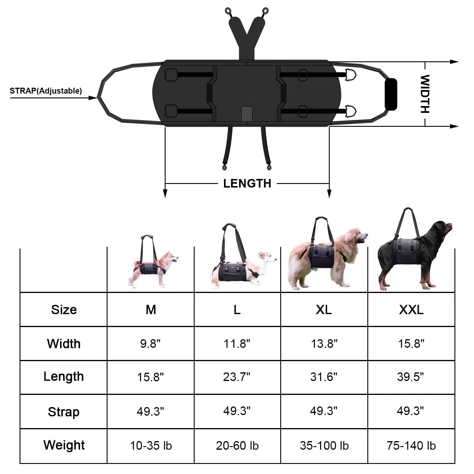Black Oxford cloth dog harness with breast strap and leg support features