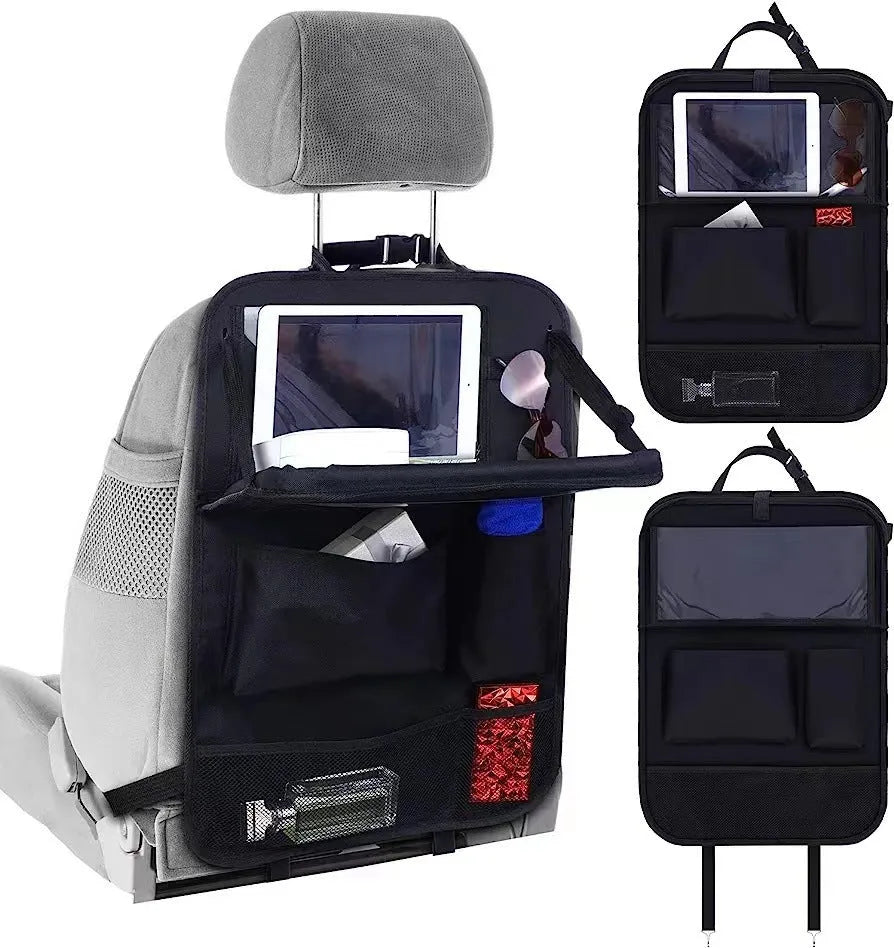 Black oxford cloth car seat back organiser bag with hanging buggy measuring 42x30cm