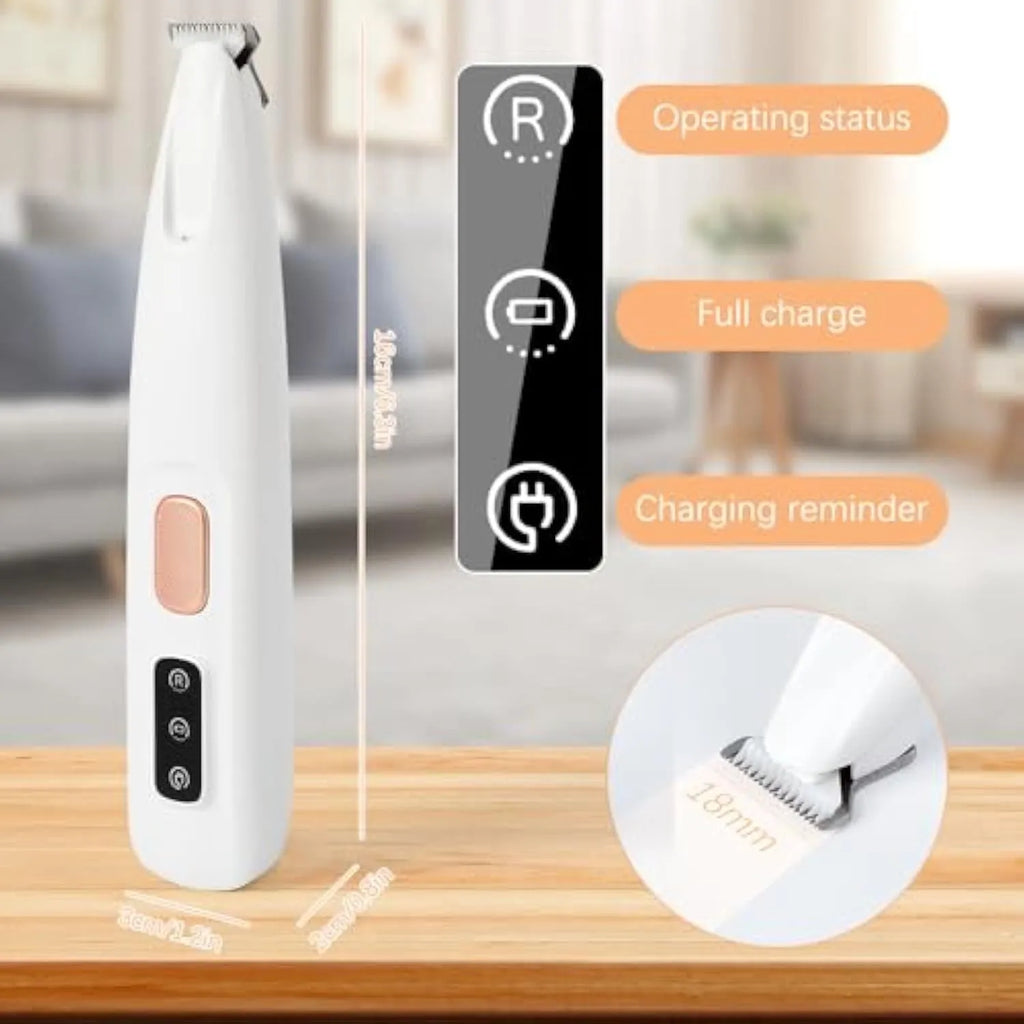 White electric dog paw trimmer with LED light, measuring 17.7 cm with low noise operation