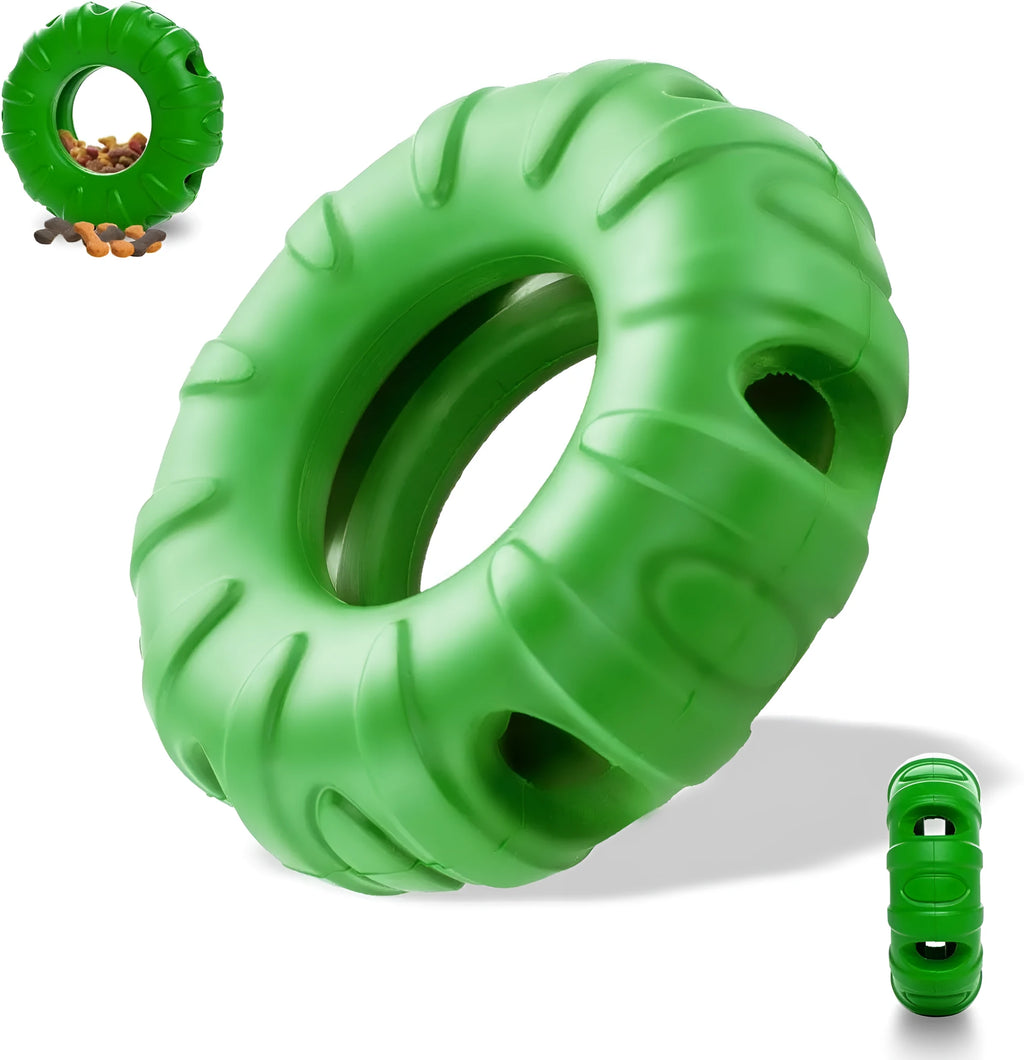 Blue rubber tyre-shaped dog chew toy with six oval openings for treat dispensing