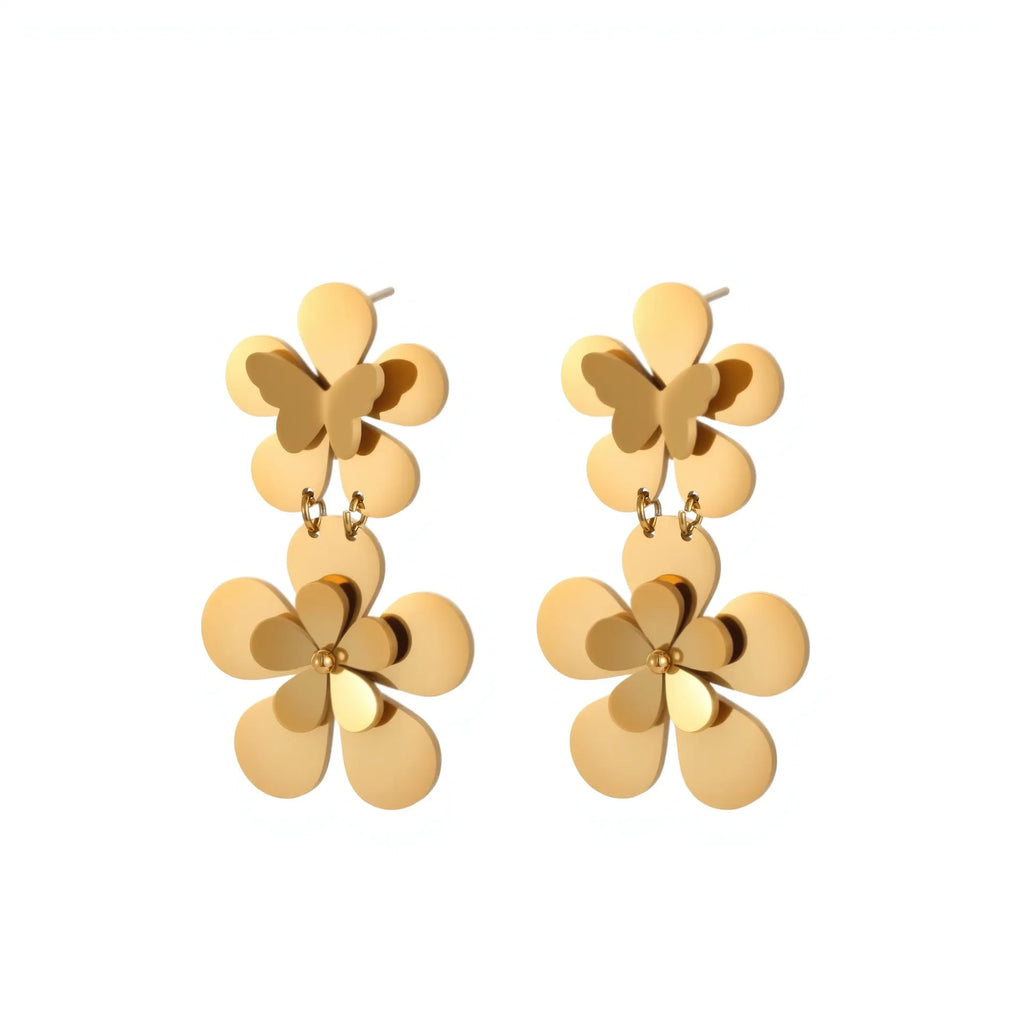 Women's stainless steel earrings with gold electroplated finish and floral butterfly design