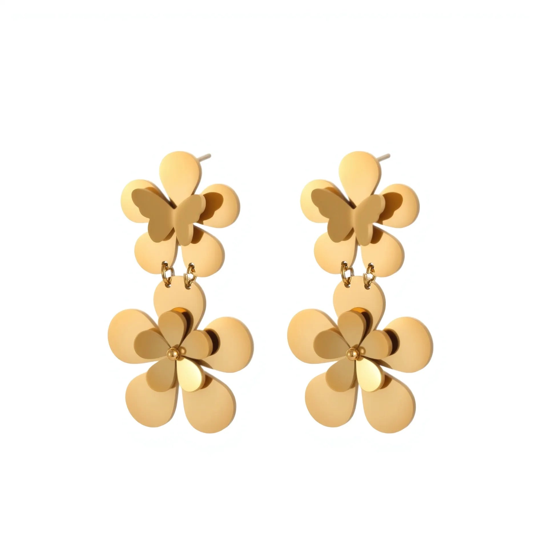 Women's stainless steel earrings with gold electroplated finish and floral butterfly design