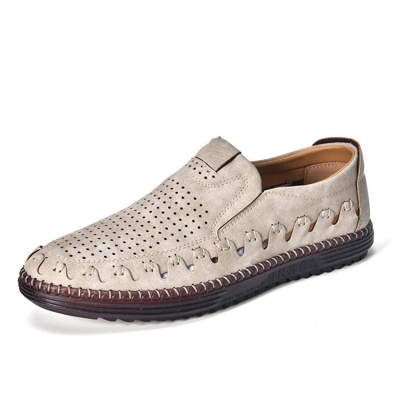 Men's brown slip-on casual shoes with round toe and flat PVC sole showing sewing line detailing