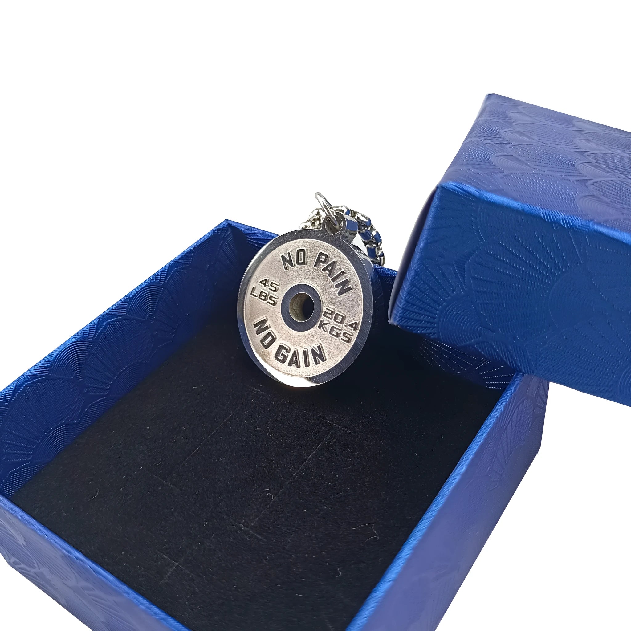 Polished stainless steel barbell disk pendant necklace with a choice of pearl, gold or black 60cm chains.