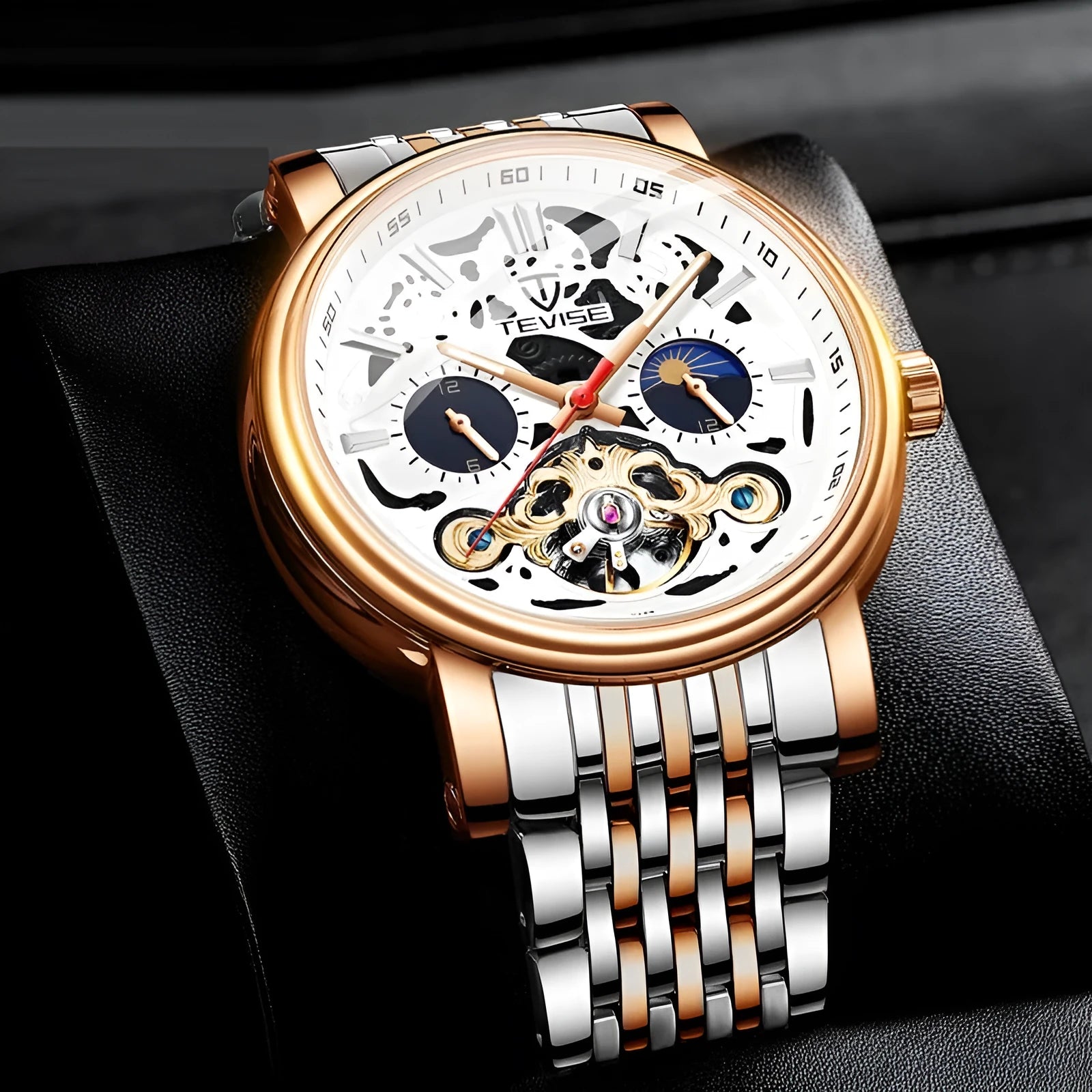 Men's tourbillon mechanical watch with waterproof case and luminous hands on black dial