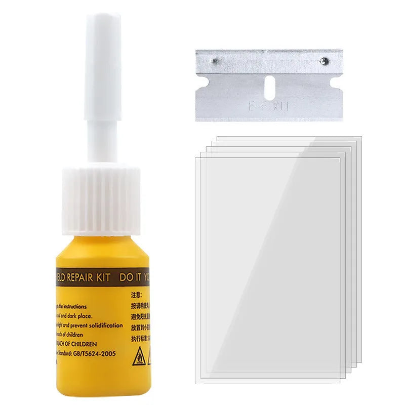 Yellow three-piece car windscreen repair kit with glass repairing liquid for crack and chip repair