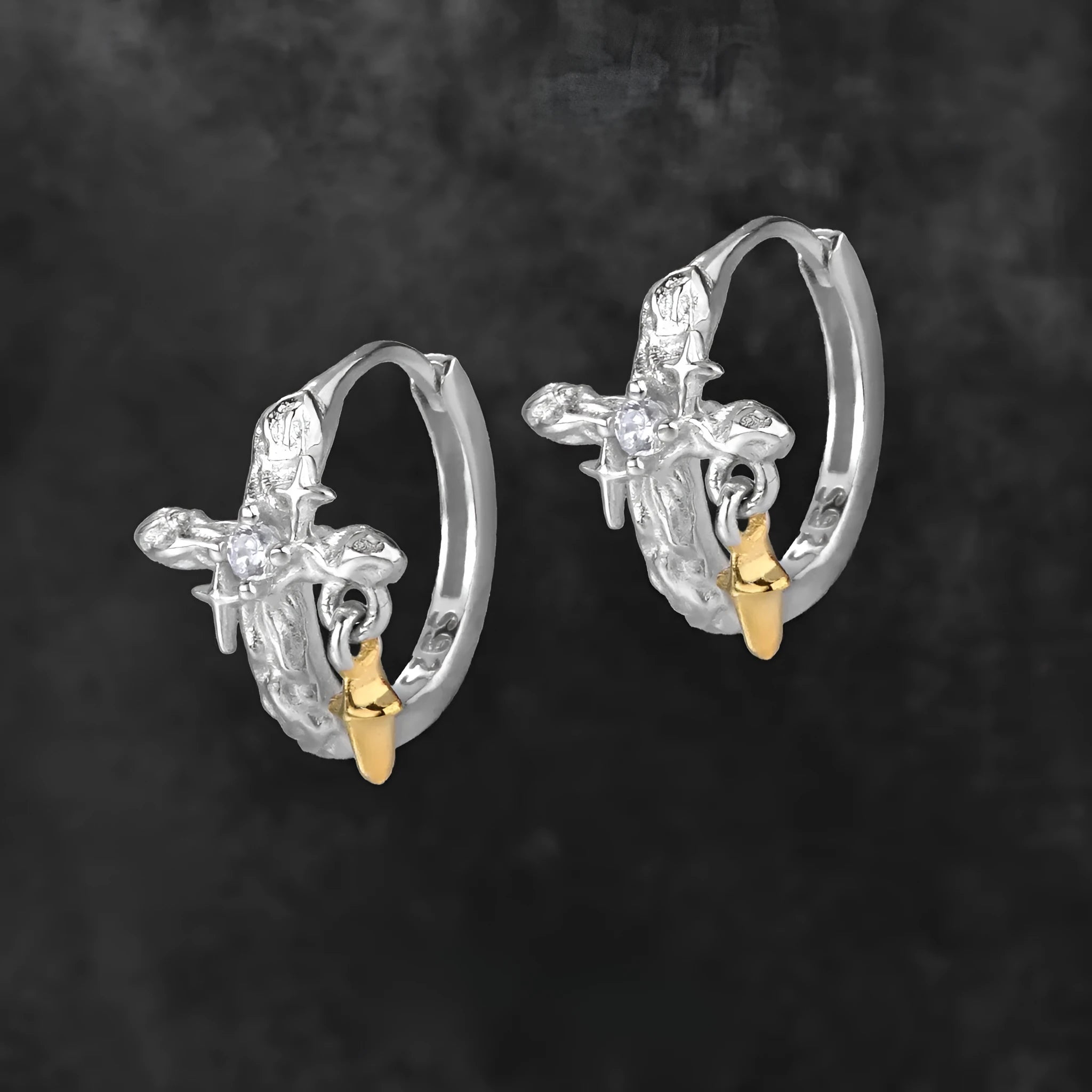 925 sterling silver geometric cross earrings with electroplated white gold finish and round elements
